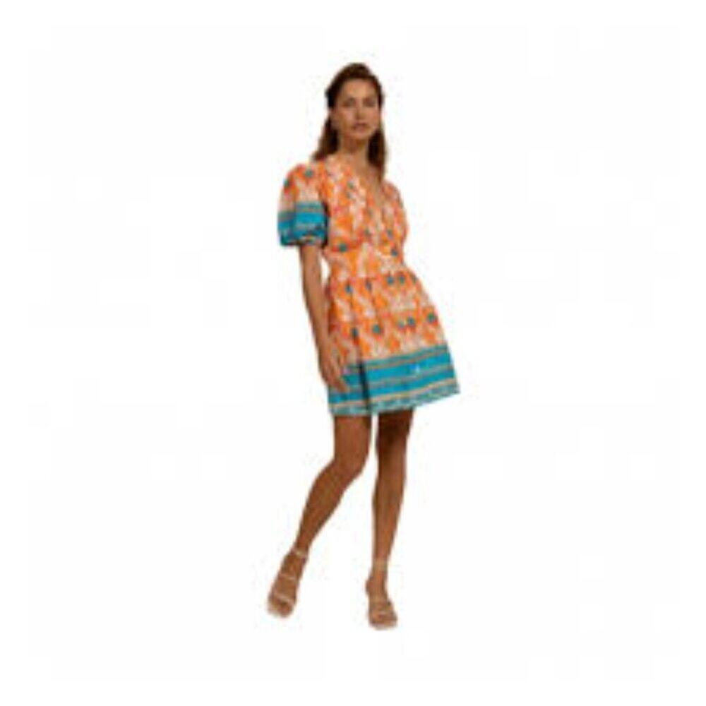 KASIA NWOT ORANGE BLUE SUMMER DRESS WITH PUFF SLEEVES SIZE S/M RETAIL $160